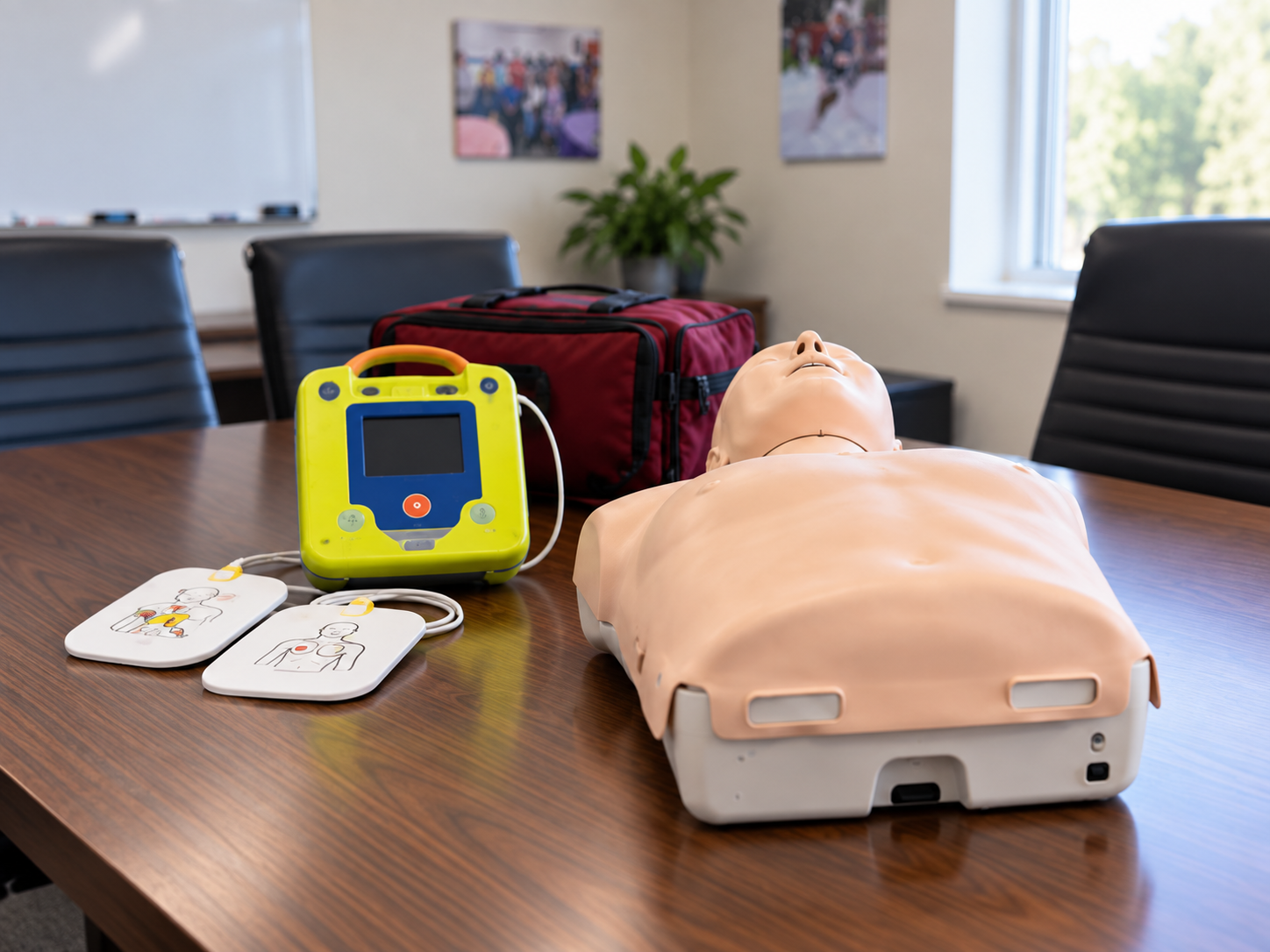 CPR training manikin, AED trainer, and bleeding-control kit laid out on a conference room table